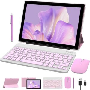 2 in 1 Tablet 10 Inch Android 14 OS Tableta, Tablets with Keyboard, Mouse, Case, Stylus, 64GB ROM+8GB RAM, 2MP+8MP Dual Camera, Quad Core Processor, 6000mAh Battery, 10.1 in FHD Tab Pink