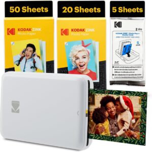 KODAK Step Instant Smartphone Photo Printer – 75 Sheets Bundle – Portable Mini Color Wireless Mobile Printer – Zink 2×3” Sticky-Back Photos – Bluetooth Compatible with Smart Devices – Fun App -White
