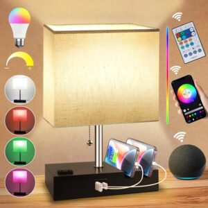 Smart RGB Dimmable Table Lamp Compatible with Alexa&APP&Remote Control, Bedside Desk Lamp with Charging Ports&Outlet&Phone Stand, Music Sync Nightstand Lamp for Bedroom Living Room Office Dorm, Beige