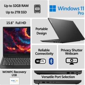Lenovo New V15 Essential Laptop | Intel Multitasking 4-core Processor | 32GB RAM | 1TB SSD | 15.6″ FHD 1080p Display | Ethernet RJ-45 | Rugged Design | Windows 11 Pro | WOWPC Recovery USB