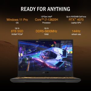 ASUS TUF 15.6 i7 RTX 4070 Premium Gaming Laptop, 15.6″ FHD 1920 * 1080 144Hz, Intel i7-13620H (Beats Intel i9-12900), NVIDIA GeForce RTX 4070, 32GB DDR5, 1TB SSD, RGB Backlit Keyboard, Windows 11 Pro