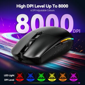 TECKNET Wireless Gaming Mouse, 8000 DPI Optical Sensor, RGB Backlit, Ultra Lightweight, 6 Programmable Buttons, Rechargeable 2.4G Cordless&Wired Mouse, 100Hrs Battery Life, for Laptop, PC, Mac – Black