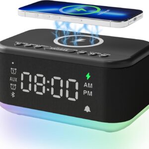 Alarm Clock Speaker Wireless Charger, Digital Alarm Clocks Bedrooms Bluetooth, Alarm Clock Dimmable Light Bedrooms Dual Alarm Snooze Dimmer 12 24H RGB Night Light Bluetooth USB AUX, Black