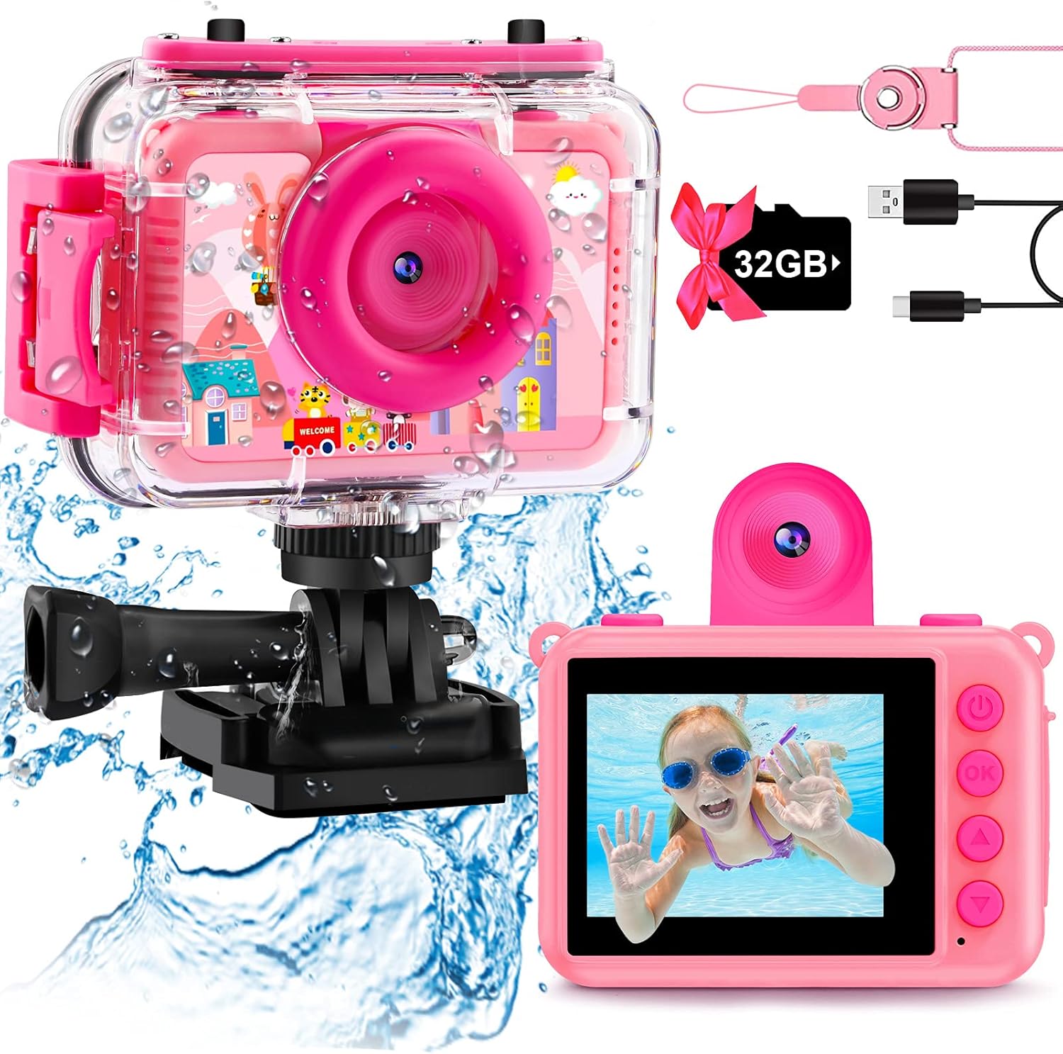GKTZ Kids Camera – Waterproof Underwater Camera for Kids, Christmas Birthday Gifts for Girls Age 3-12, 1080P HD Children Digital Action Camera, Pool Toys for Kids Age 4-12