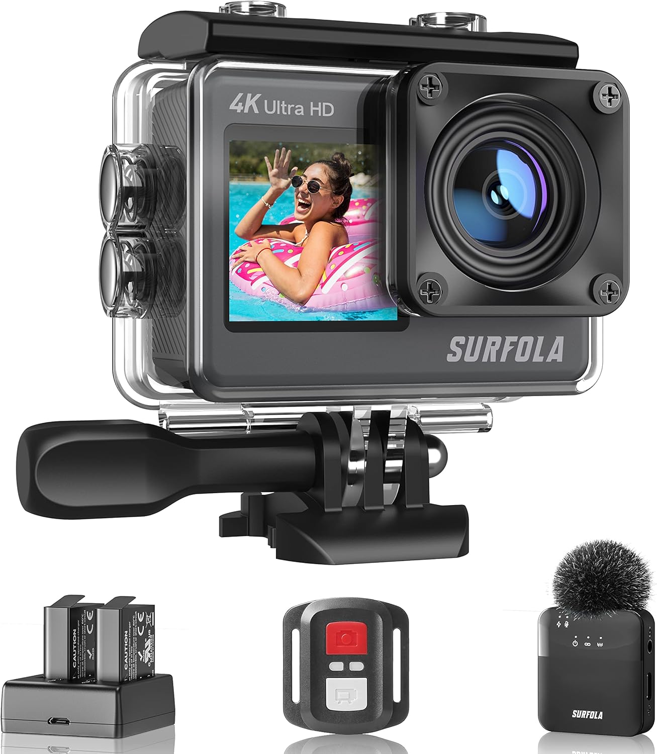 Waterproof Action Camera 4K-Ultra HD 60FPS 24MP 40M Underwater Helmet Vlog WiFi Camera，8X Zoom Touch Dual Screen EIS Stabilization Cam/Wireless Mic/Remote Control/Battery*2/Charger/Accessories Kit