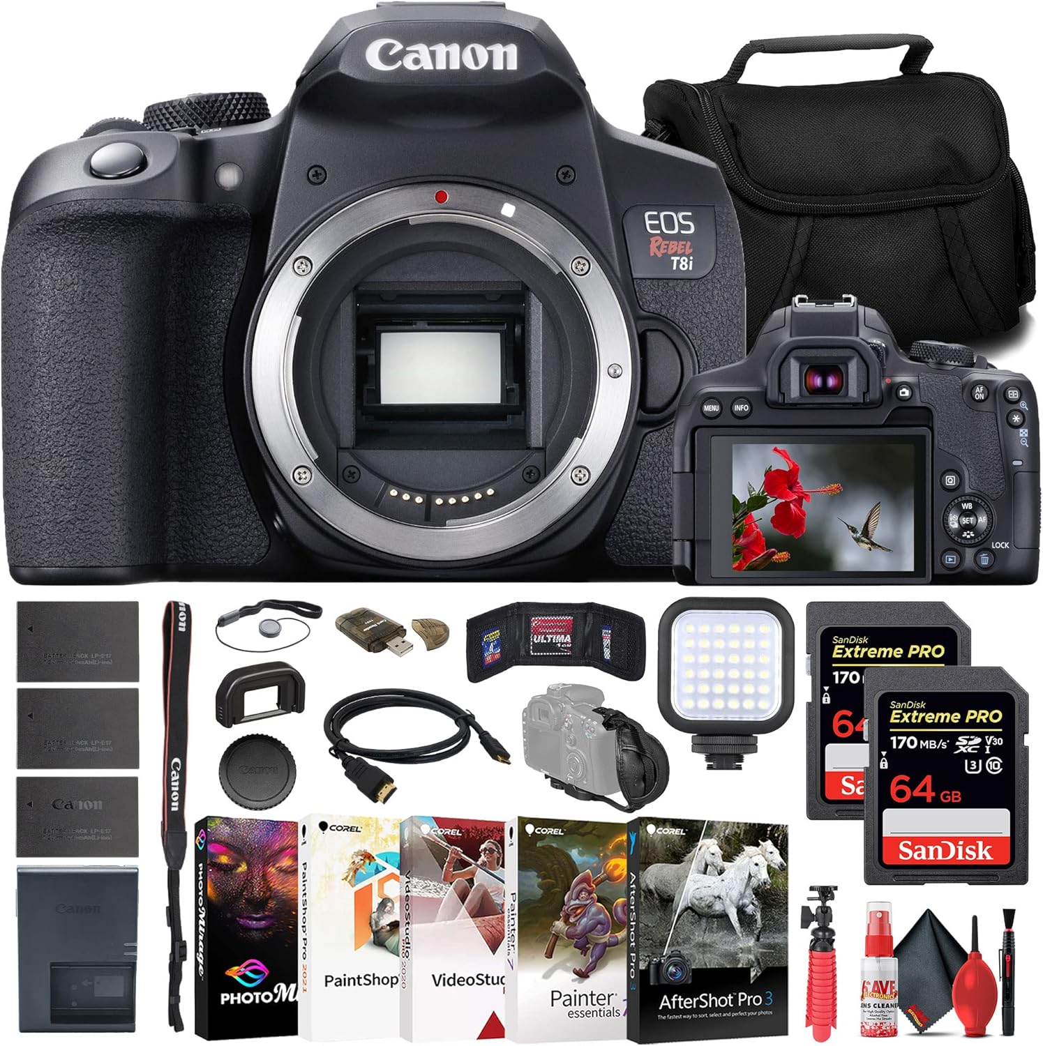 Canon EOS Rebel T8i DSLR Camera (Body Only) (3924C001) + 2 x 64GB Memory Card + Charger + 2 x LPE17 Battery + Card Reader + LED Light + Corel Photo Software + Case + Flex Tripod + More (Renewed)