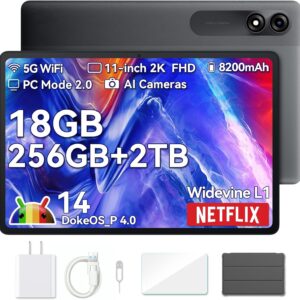 Blackview 2024 Tablet 11 inch Android 14 Tablets, 9WiFi with 18GB+256GB Storage(Expand to 2TB), Octa-core CPU, 2.4K FHD Display, Widevine L1, 8200mAh, 5G WiFi, 13MP+8MP/Face ID/PC Mode, Gray