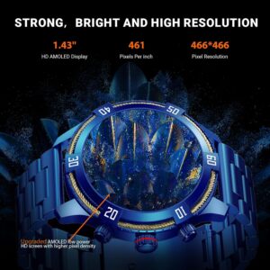 Smart Watch for Men Bluetooth Answer/Make Call, 1.43″ AMOLED Display Luxury Smartwatch, Fitness Tracker with 100+ Sport Modes, Heart Rate/Sleep Monitor for iOS Android, 2 Watch Bands (Blue)