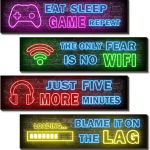 4 Pcs Printed Neon Gaming Posters, Teen Boys Room Decorations, gamer wall art Decor for bedroom Wooden