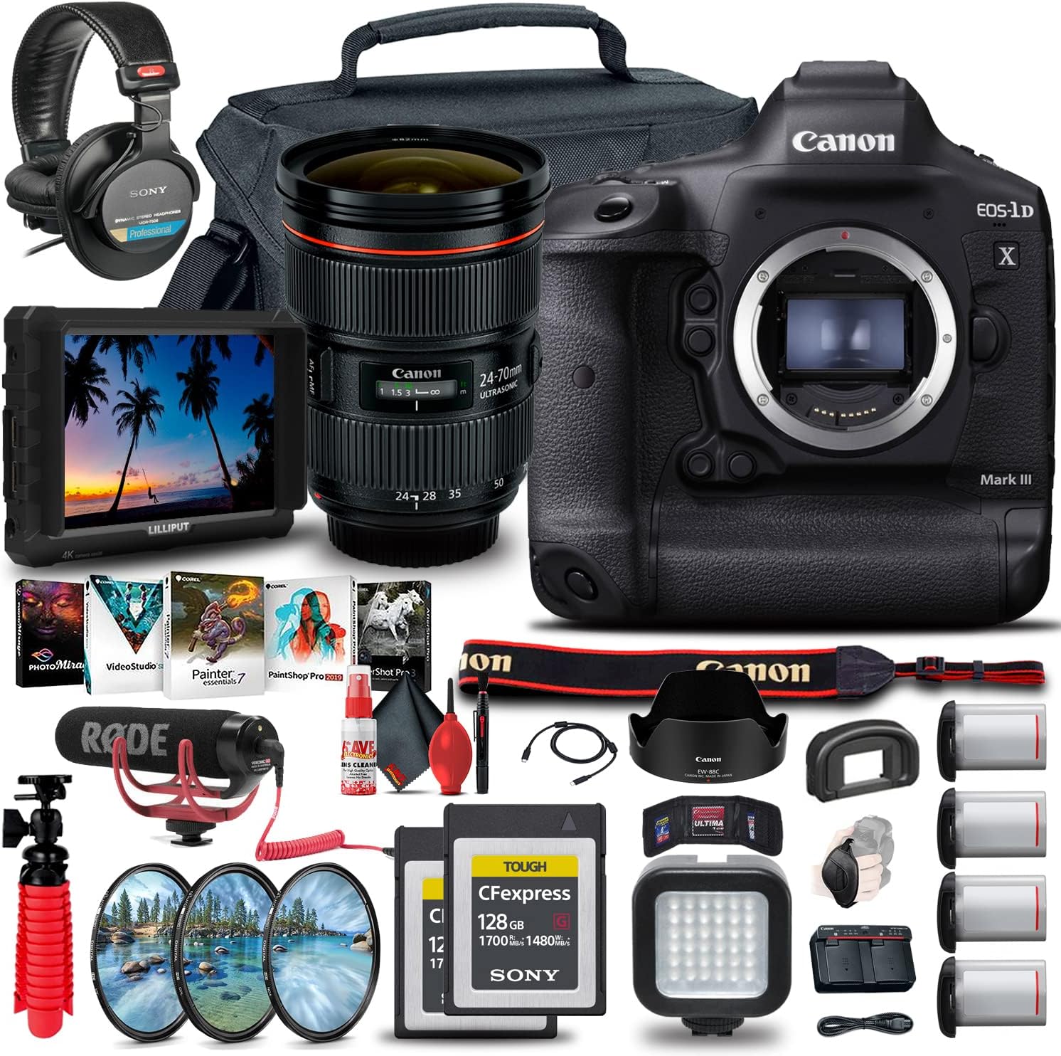 Canon EOS-1D X Mark III DSLR Camera (Body Only) (3829C002) + 4K Monitor + Canon EF 24-70mm Lens + 2 x 128GB CFexpress Card + Pro Mic + Pro Headphones + 3 x LP-E19 Battery + Case + More (Renewed)