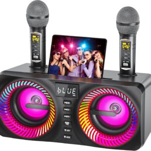 Karaoke Machine for Adults Kids with 2 Wireless Microphones, Portable Bluetooth Speaker with 9 Modes Dynamic LED Lights, Karaoke Speaker with PA System Bass/Echo/USB/TF/AUX for Home Birthday Party