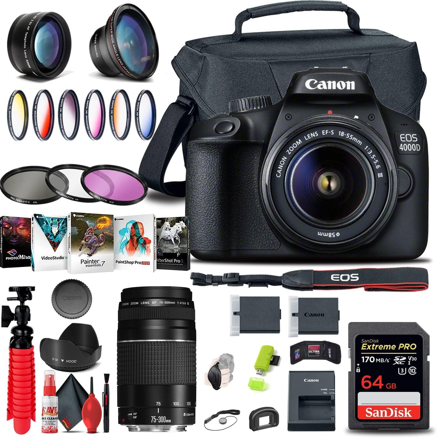 Canon EOS 4000D / Rebel T100 DSLR Camera with 18-55mm Lens + Canon EF 75-300mm Lens + 64GB Memory Card + Color Filter Kit + Case + Corel Photo Software + LPE10 Battery + More (Renewed)
