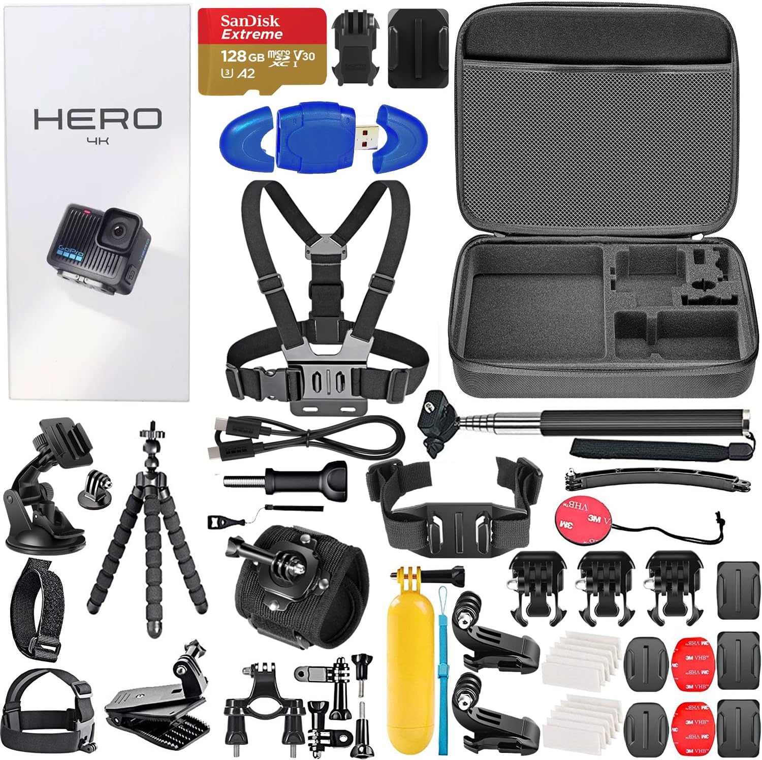 GoPro Hero Compact Waterproof Action Camera with 4K, 12MP Photos, Stabilization + 128GB Card, Card Reader, 50 Piece Accessory Kit – Bundle