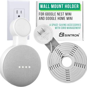 Sintron Outlet Wall Mount Holder for Google Nest Mini and Google Home Mini, A Space-Saving Accessories with Cord Management for Google Smart Speakers 1st Gen. and 2nd Gen., No Messy Wires or Screws.
