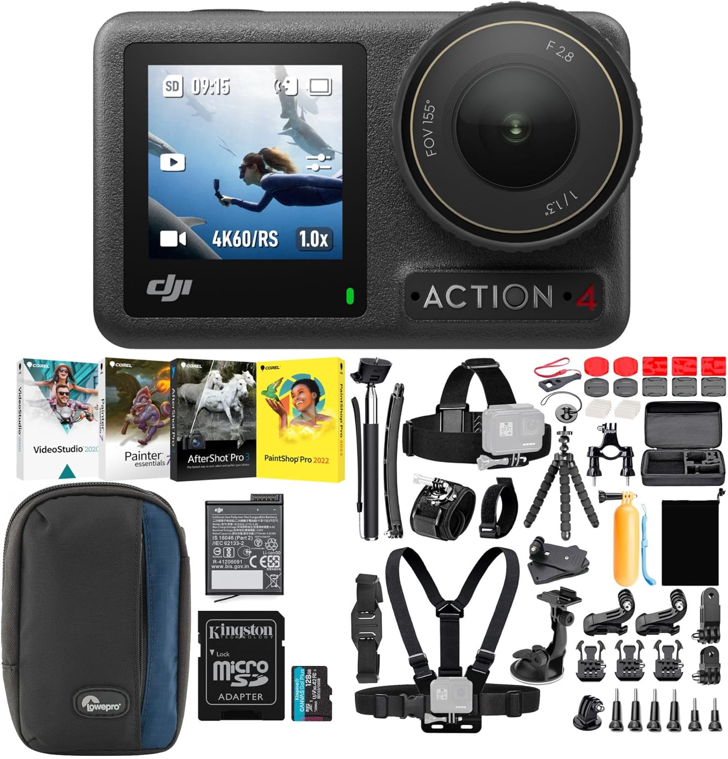 DJI Osmo Action 4 Camera Standard Combo Bundle with Photo, Video, and Art Softwares, 50-in-1 Action Camera Accessory Kit, Compact Camera Case with Storage and 128GB MicroSD Card (5 Items)