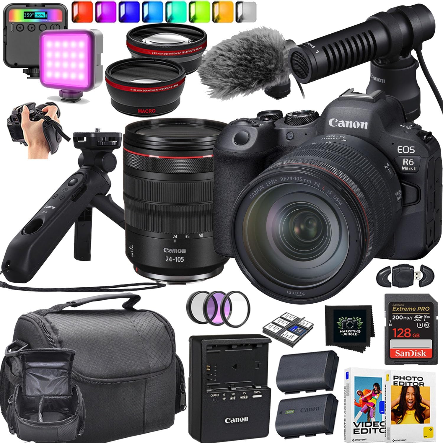 Canon EOS R6 Mark II Mirrorless + Canon RF 24-105mm f/4 L is USM Lens + Canon HG-100TBR Tripod Grip + Canon DM-E100 Directional Microphone + More (18pc Bundle) (Renewed)