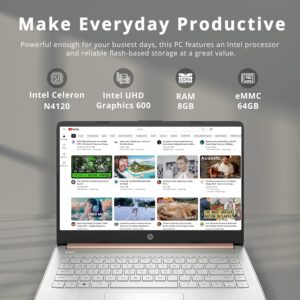 HP Stream 14″ HD BrightView Laptop, Intel Celeron N4120 Processor, 8GB RAM, 64GB SSD, Intel UHD Graphics, 720p Webcam, WiFi, HDMI, Win 11 S, Gold (Renewed)
