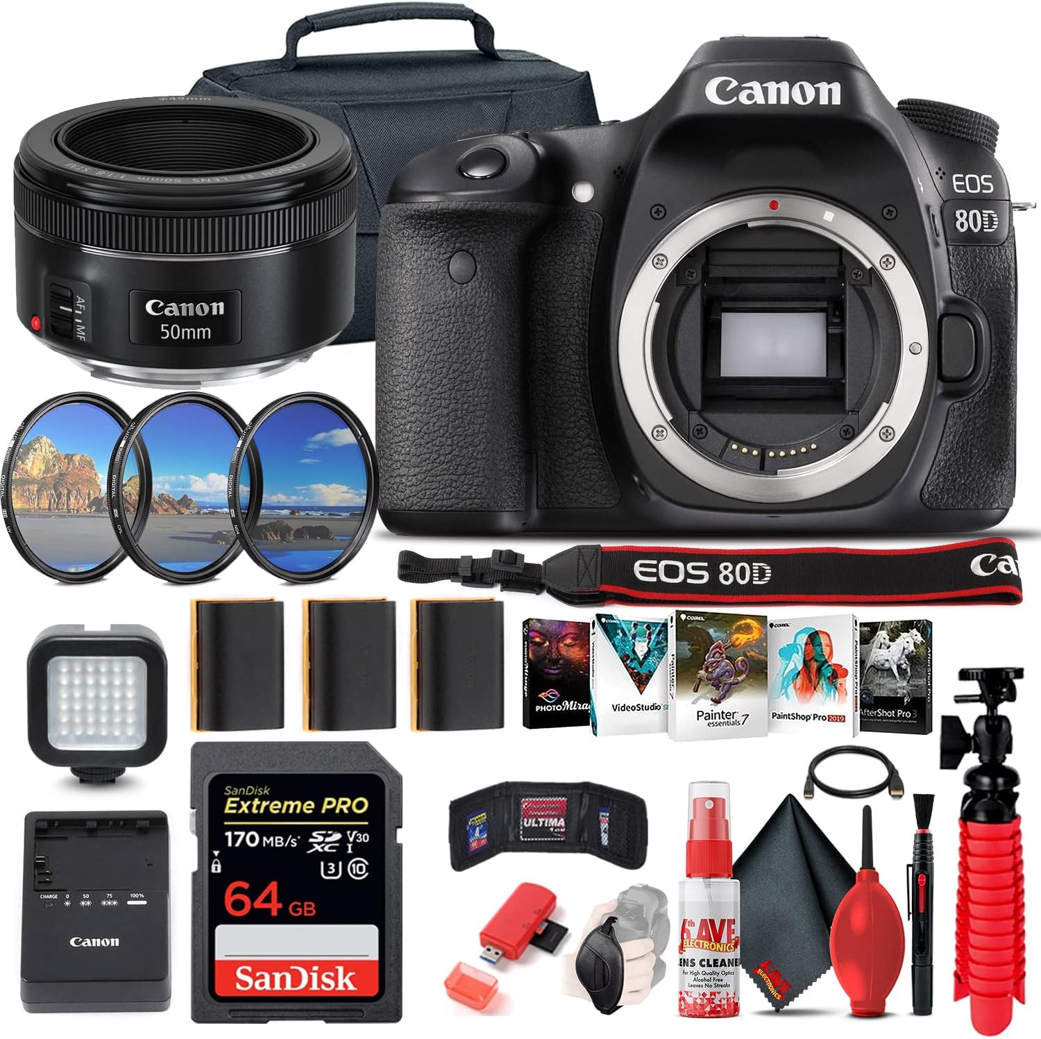 Canon EOS 80D DSLR Camera (Body Only) (1263C004) + Canon EF 50mm Lens + 64GB Memory Card + Case + Filter Kit + Corel Photo Software + 2 x LPE6 Battery + Card Reader + More (Renewed)