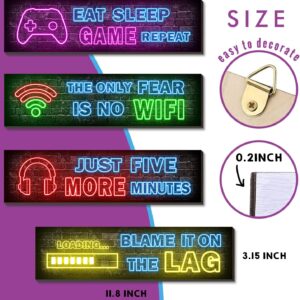 4 Pcs Printed Neon Gaming Posters, Teen Boys Room Decorations, gamer wall art Decor for bedroom Wooden