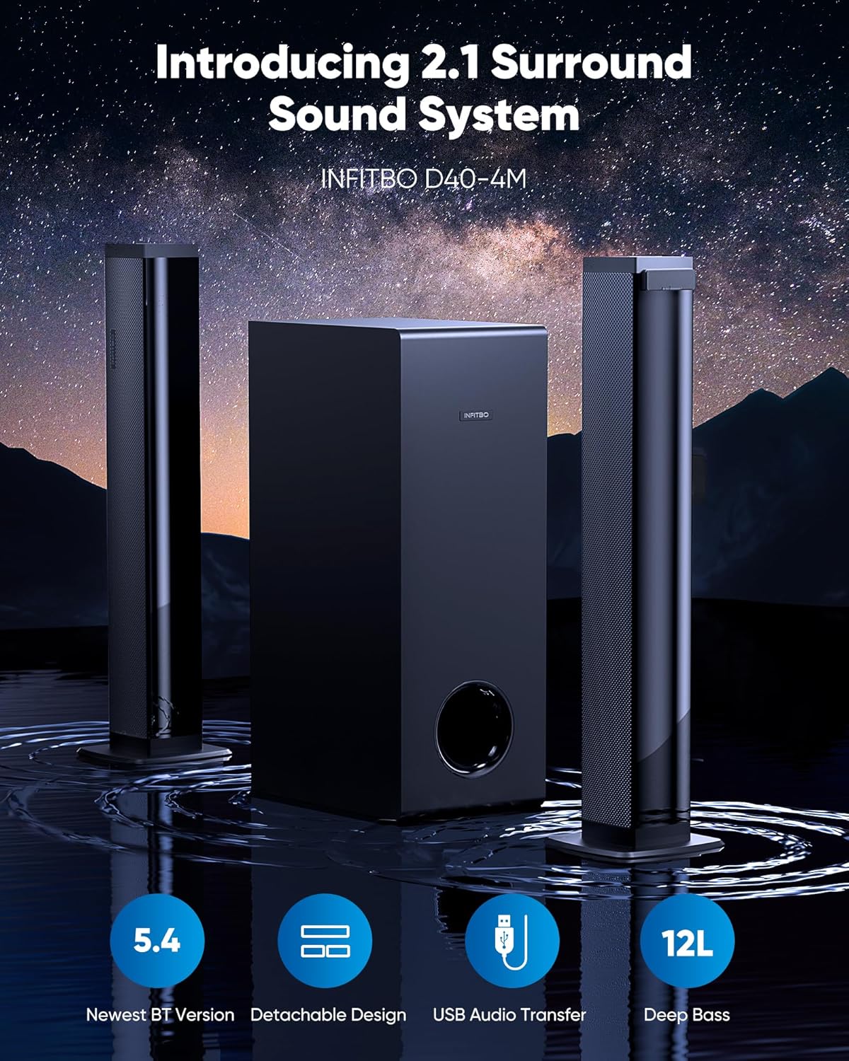 Sound Bar for Smart TV 2.1CH 190W Peak Power Soundbar with Subwoofer Detachable 2-in-1 BT 5.4 Surround Sound System 12L Deep Bass for PC Game with HD-ARC/Opt/USB/AUX Home Theater - Image 2