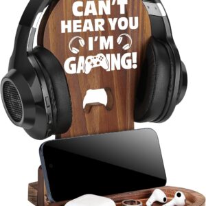Slothoem-Gamer Gifts for Teenage Boy, Gamer Room Decor for Man, Best Gifts for Son, Boyfriend, Husband, Gamer Room Accessories Stuff, Wooden Gaming Headset Stand – Can’t Hear You I’m Gaming
