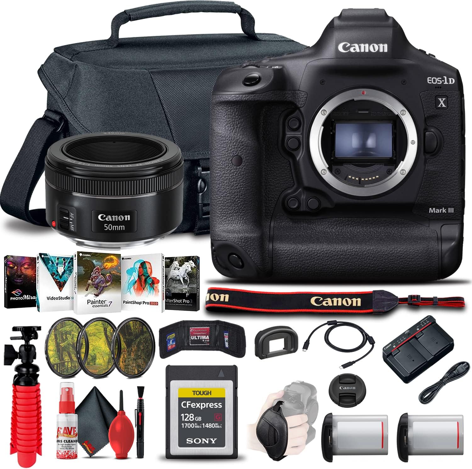 Canon EOS-1D X Mark III DSLR Camera (Body Only) (3829C002) + Canon EF 50mm Lens + 128GB CFexpress Card + LP-E19 Battery + Case + Filter Kit + Photo Software + Flex Tripod + Hand Strap + More (Renewed)