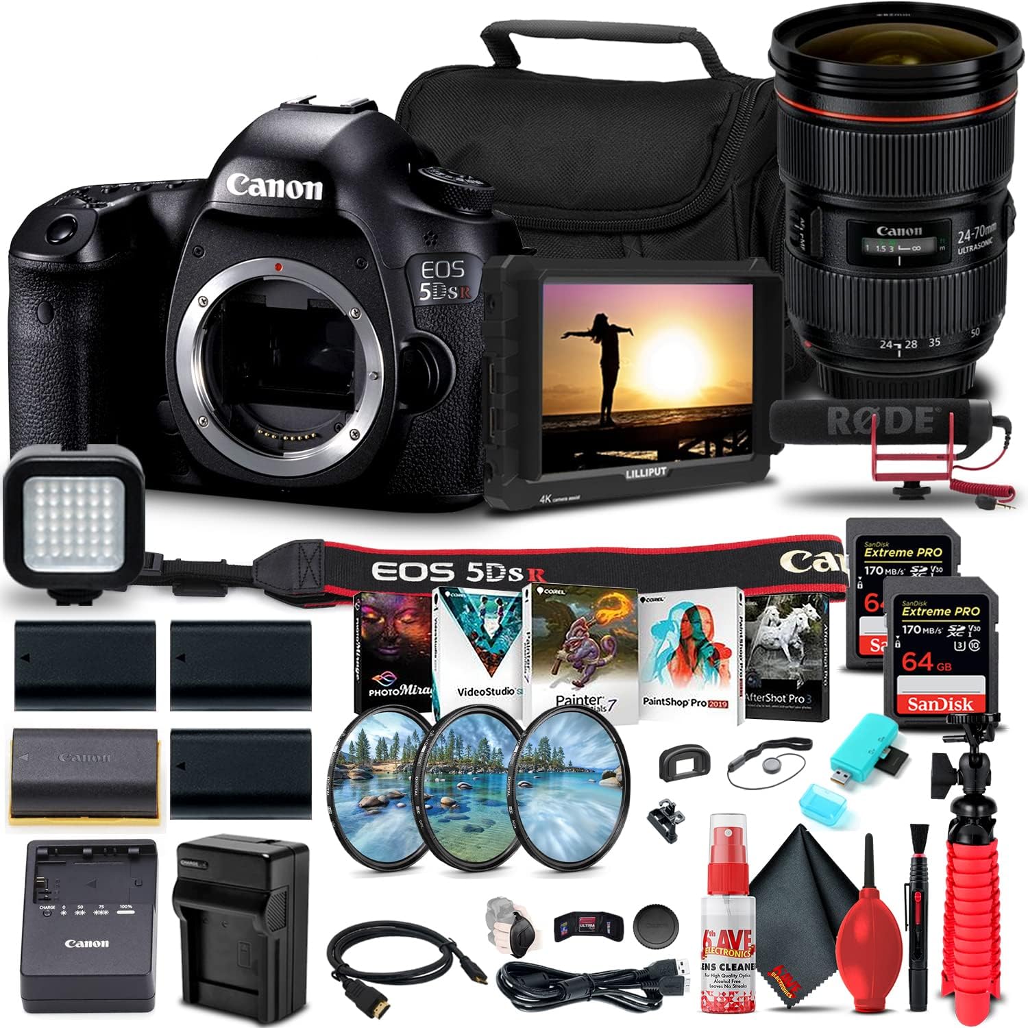Canon EOS 5DS R DSLR Camera (Body Only) (0582C002) + Canon EF 24-70mm f/2.8L II USM Lens (5175B002) + 4K Monitor + Pro Mic + 2 x 64GB Memory Card + Filter Kit + 3 x LPE6 Battery + More (Renewed)