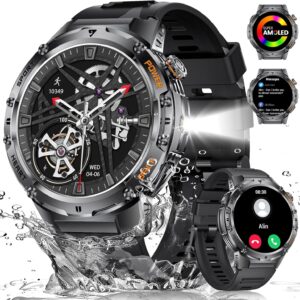 Military Smart Watch for Men, Flashlight 100+ Sports Modes Fitness Tracker Smartwatch, 1.43” AMOLED Display, 5ATM Waterproof, Heart Rate/Sleep Monitor, Mens Smart Watches for Android iOS