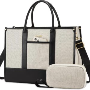 LOVEVOOK Laptop Tote Bags for Women Canvas Work Bag 15.6 inch Large Professional Teacher Purse Lightweight Computer Bag Briefcase Business Office, Black-white