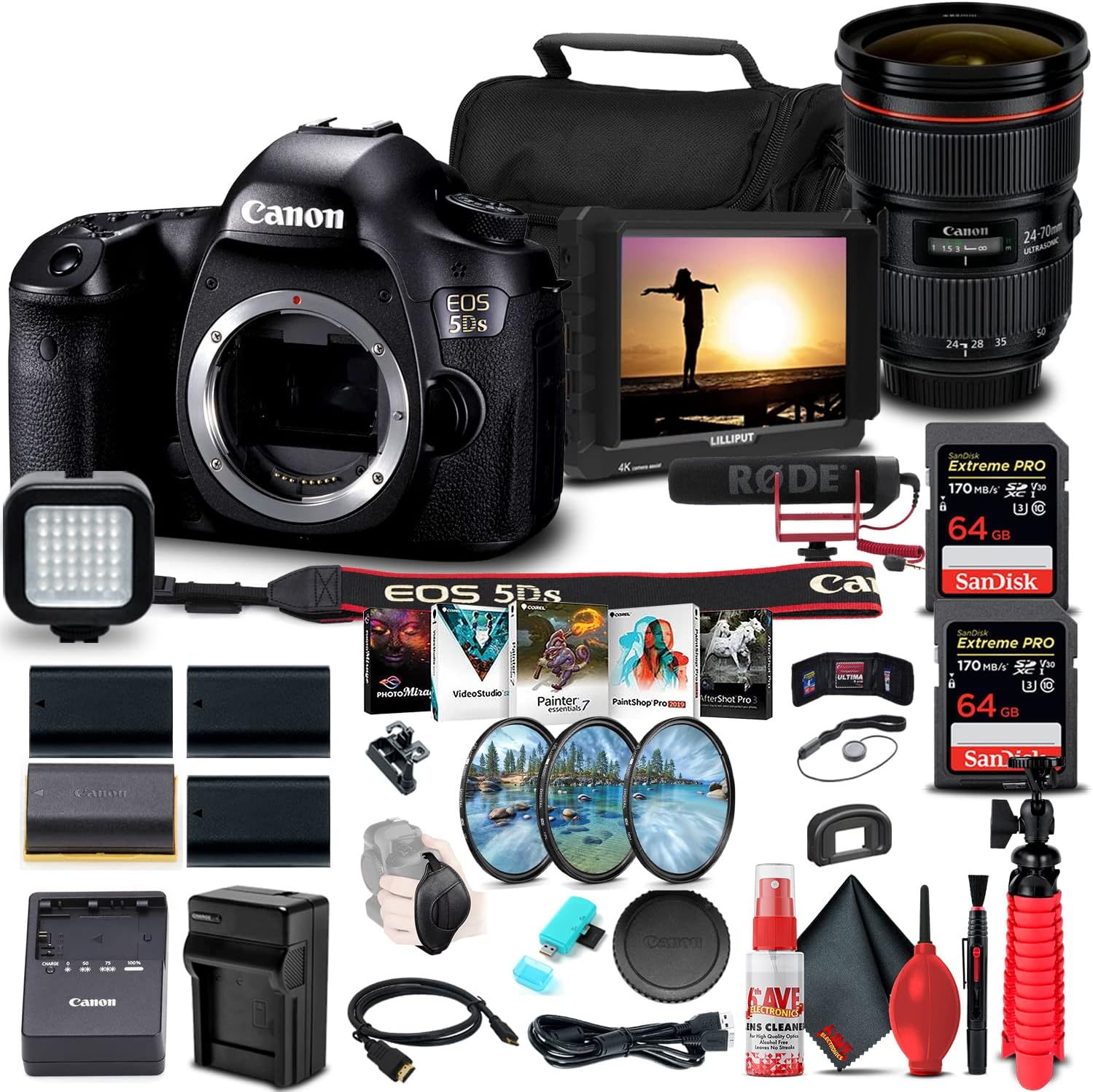 Canon EOS 5DS DSLR Camera (Body Only) (0581C002) + Canon EF 24-70mm f/2.8L II USM Lens (5175B002) + 4K Monitor + Pro Mic + 2 x 64GB Memory Card + Filter Kit + 3 x LPE6 Battery + More (Renewed)