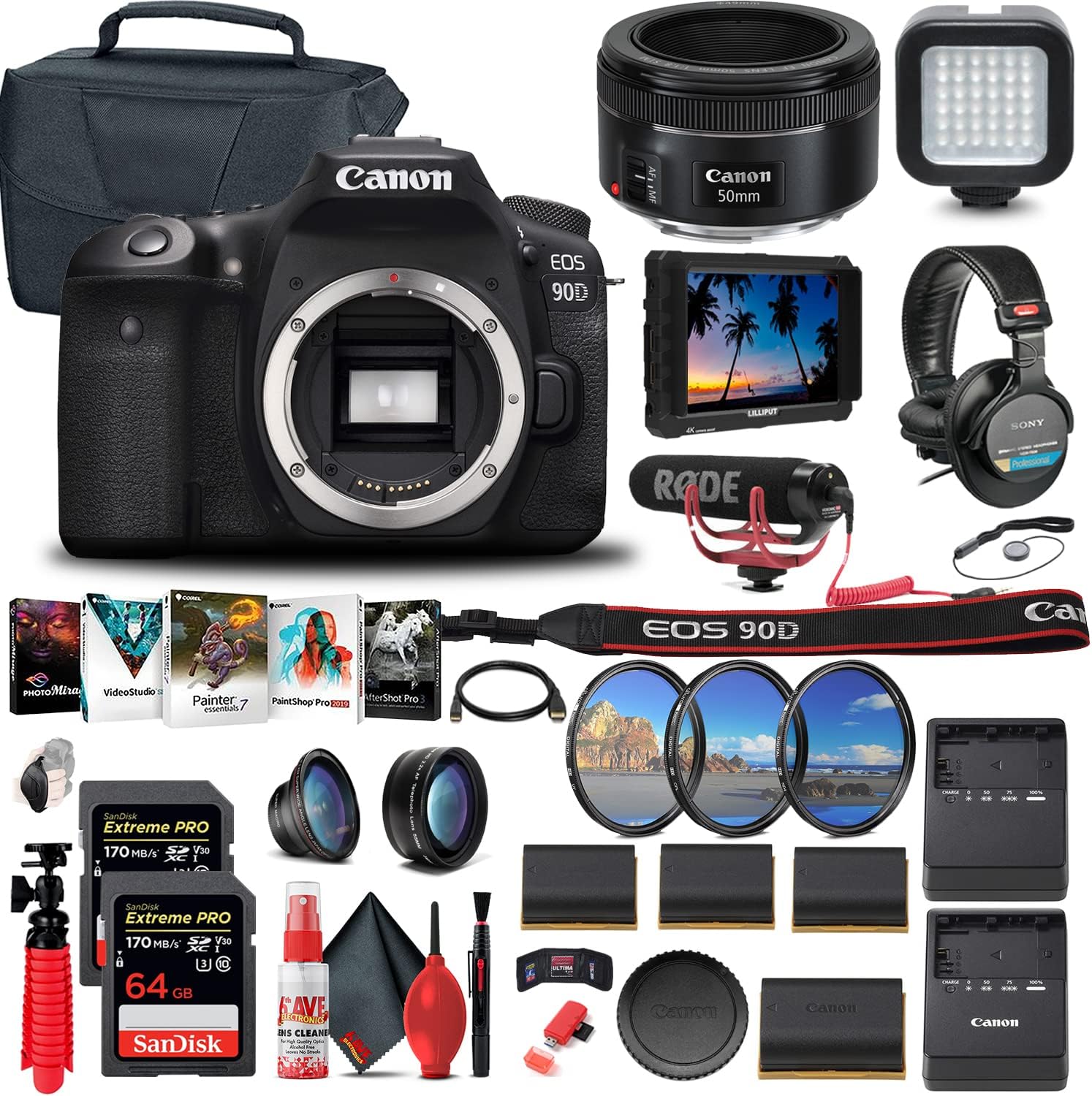Canon EOS 90D DSLR Camera (Body Only) (3616C002) + 4K Monitor + Canon EF 50mm Lens + Pro Mic + Pro Headphones + 2 x 64GB Card + Case + Filter Kit + Corel Photo Software + More (Renewed)