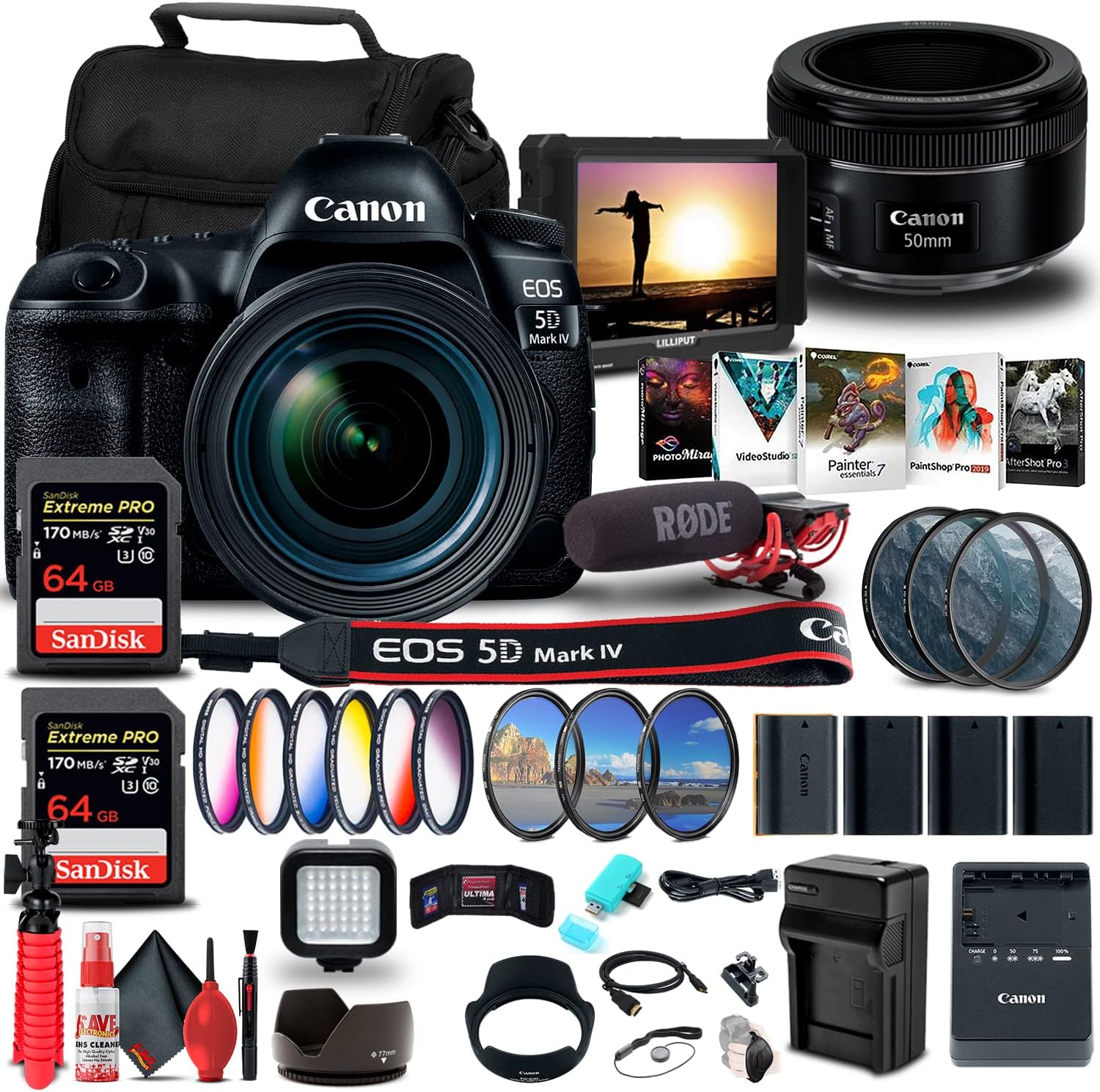 Canon EOS 5D Mark IV DSLR Camera with 24-70mm f/4L Lens (1483C018) + 4K Monitor + Canon EF 50mm Lens + Pro Mic + 2 x 64GB Memory Card + Color Filter Kit + 3 x LPE6 Battery + More (Renewed)