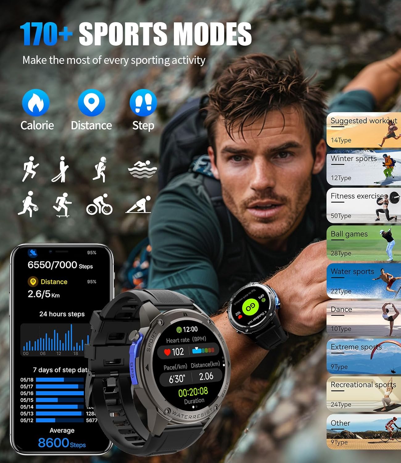 LIGE GPS Military Smart Watch for Men, Compass Smartwatch with Calling, 170+ Sport Modes Fitness Tracker Watch, 1.43'' AMOLED Smart Watches, Rugged Smart Watch for Android iOS - Image 5