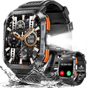 Military Smart Watches for Men Answer Make Calls 2.02” Outdoor Sports Smartwatch with Flashlight Compass Big Battery SOS Heart Rate Sleep Monitor 3ATM Waterproof Fitness Watch for iPhone Android