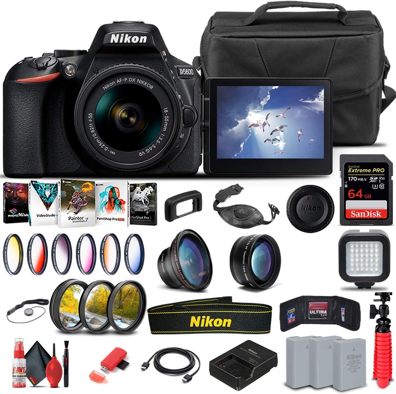 Nikon D5600 DSLR Camera with 18-55mm Lens (1576) + 64GB Memory Card + Case + Corel Photo Software + 2 x EN-EL14 A Battery + Light + Filter Kit + Wide Angle Lens + More (International Model) (Renewed)