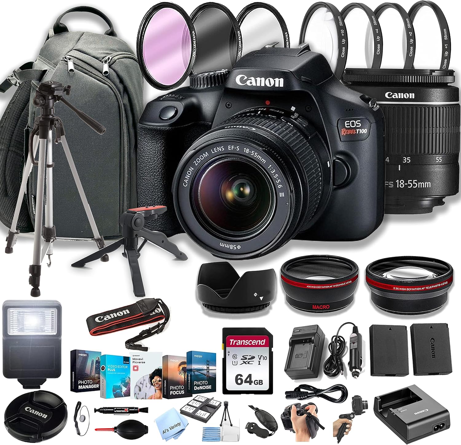 Canon EOS Rebel T100 DSLR Camera w/EF-S 18-55mm F/3.5-5.6 Zoom Lens + 420-800mm Super Telephoto Lens + 64GB Memory Cards, Professional Photo Bundle (40pc Bundle) (Renewed)