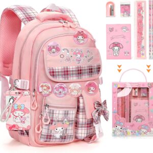 Backpack for Girls with Accessories – Anime Schoolbag Cartoon Backpack Laptop Bookbags Anti-Theft Travel Aesthetic New Semester Gifts Bag with Pins,ID Badge Holder,Stationery (Pink, Pink)