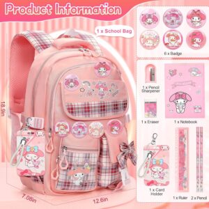 Backpack for Girls with Accessories – Anime Schoolbag Cartoon Backpack Laptop Bookbags Anti-Theft Travel Aesthetic New Semester Gifts Bag with Pins,ID Badge Holder,Stationery (Pink, Pink)