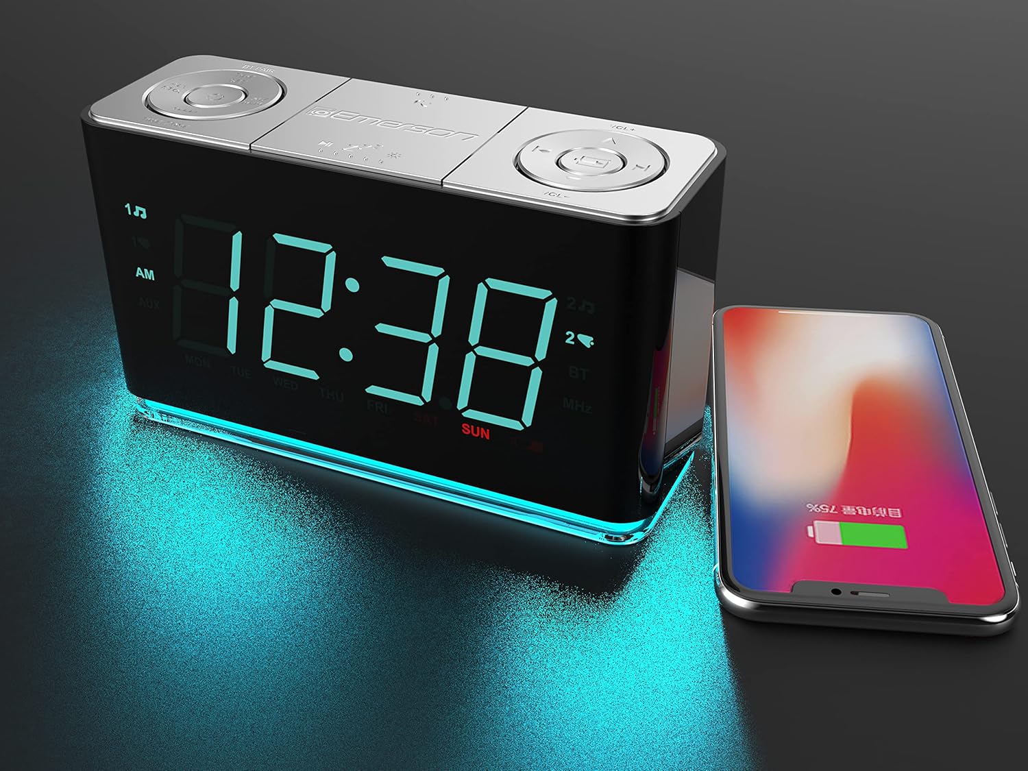Emerson Smartset Alarm Clock Radio with Bluetooth Speaker with USB Port for iPhone/iPad/iPod/Android and Tablets, 1.4" Cyan LED Display and Night Light, ER100301 - Image 7
