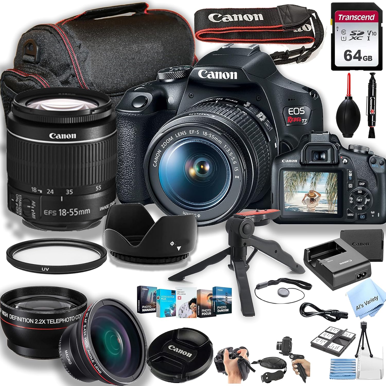 Canon EOS Rebel T7 DSLR Camera w/EF-S 18-55mm F/3.5-5.6 is II Zoom Lens + 64GB Memory, Macro + 2X Len, Case, Gripster Tripodpod, and More (28pc Bundle) (Renewed)