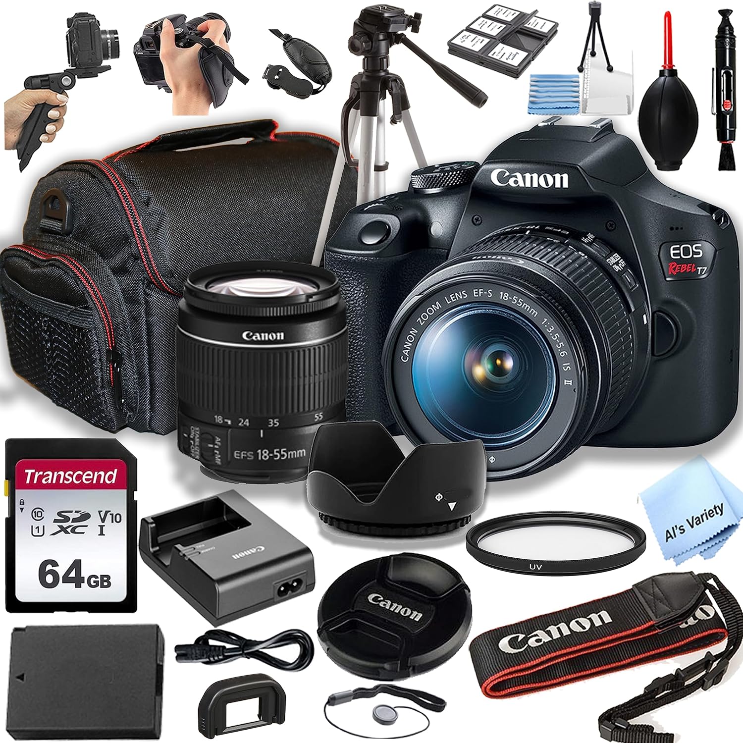 Canon EOS Rebel T7 DSLR Camera w/EF-S 18-55mm F/3.5-5.6 Zoom Lens + 64GB Memory Card, Case, Hood, Tripod, Grip-Pod, Filter, Professional Photo Bundle(24pc) (Renewed)