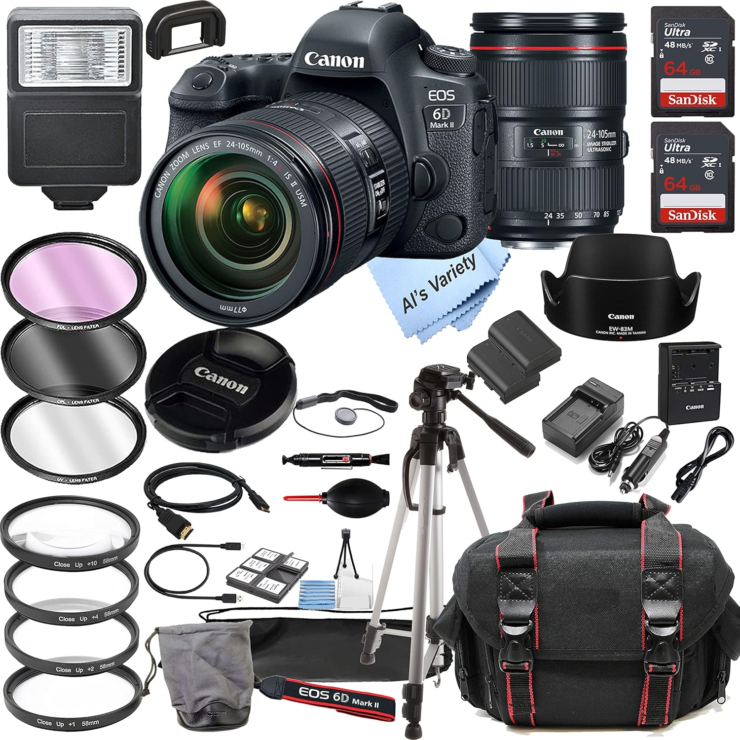 Canon EOS 6D Mark II DSLR Camera w/EF 24-105MM F/4 L is II USM Zoom Lens + 128GB Memory + Case + Tripod + Filters (34pc Bundle) (Renewed)