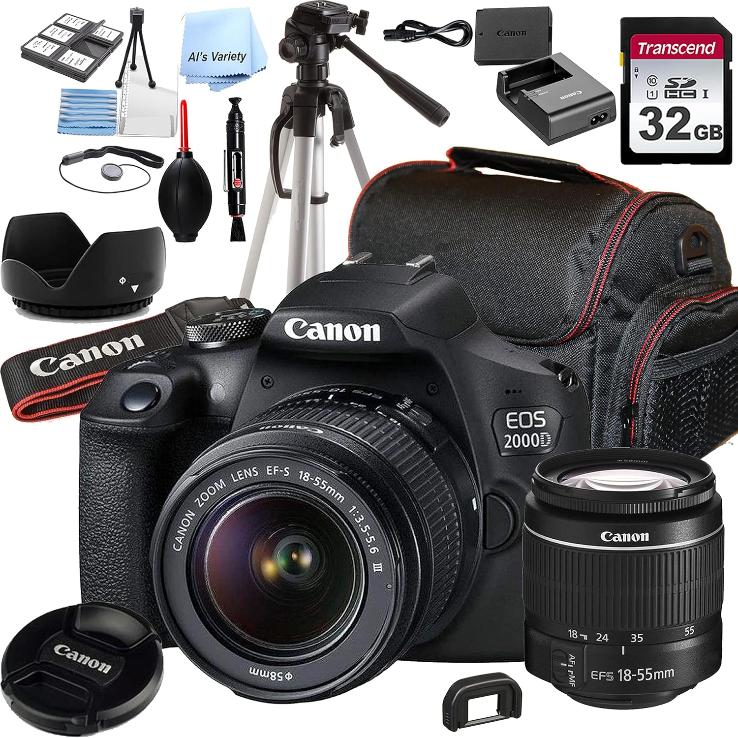 Canon EOS 2000D (Rebel T7) DSLR Camera w/EF-S 18-55mm F/3.5-5.6 Zoom is II Lens + 32GB Memory + Case + Tripod (20pc Bundle) (Renewed)